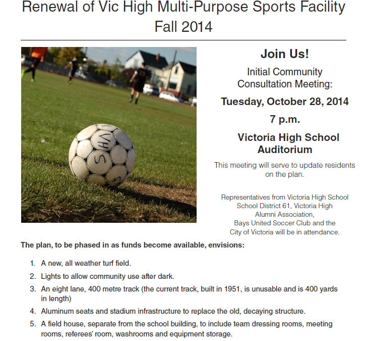 Public Consultation: Renewal of Vic High Sports Facility – Oct. 28, 2014